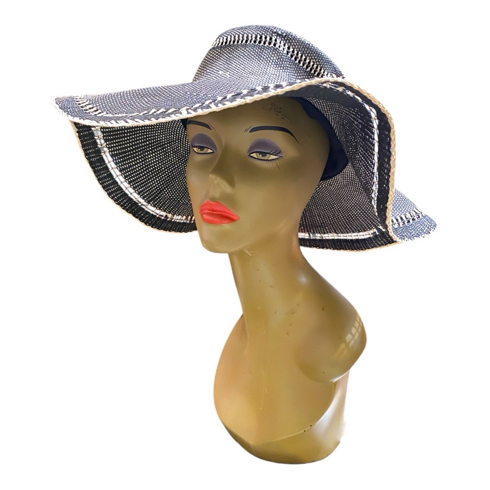 Sun & Sand Black and White Striped Wide-Brimmed Hat with adjustable Tie